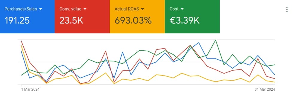 Google Ads Screenshot mit Marketing Ergebnissen für März 2024